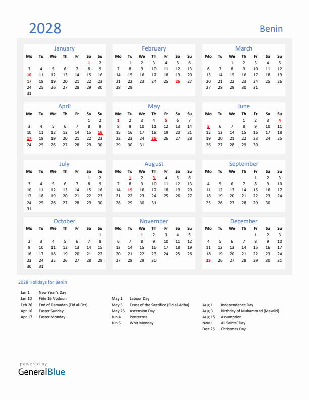 Basic Yearly Calendar with Holidays in Benin for 2028