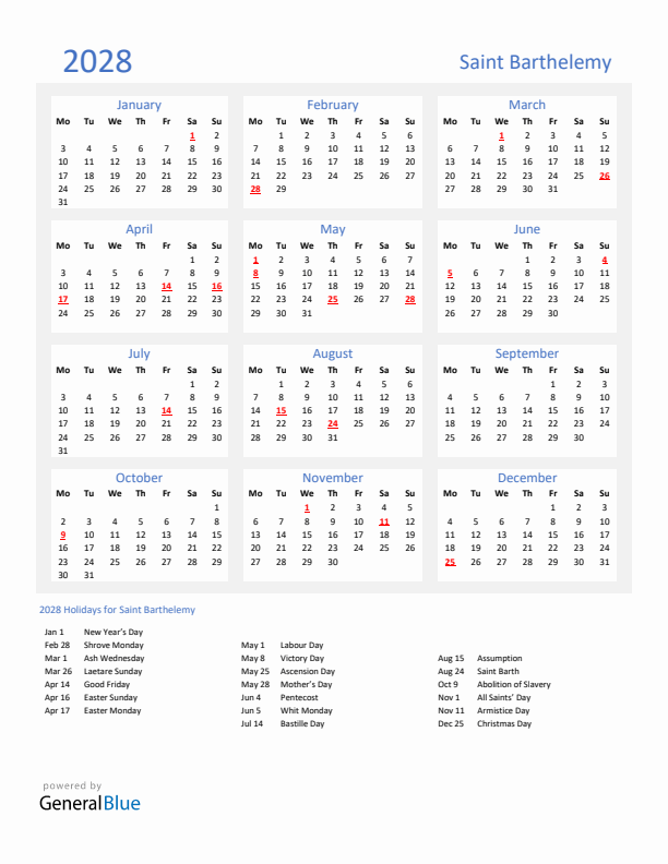 Basic Yearly Calendar with Holidays in Saint Barthelemy for 2028
