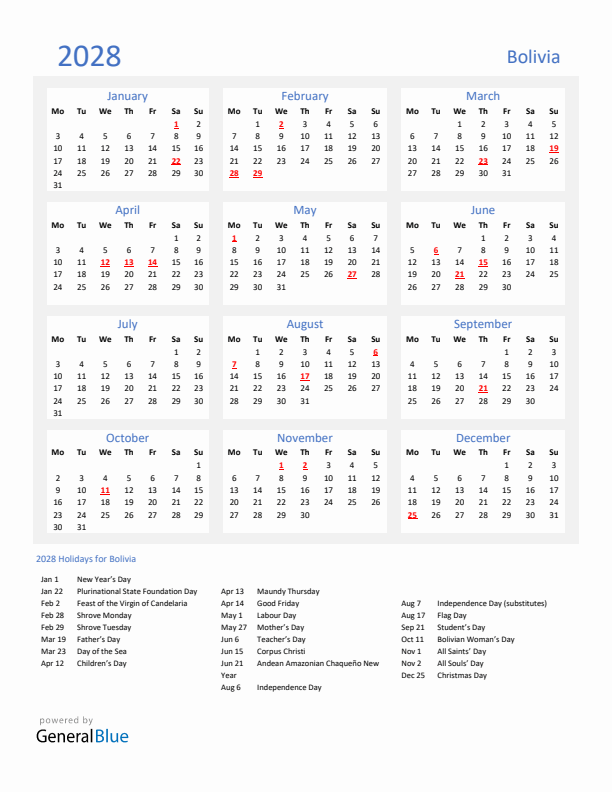 Basic Yearly Calendar with Holidays in Bolivia for 2028