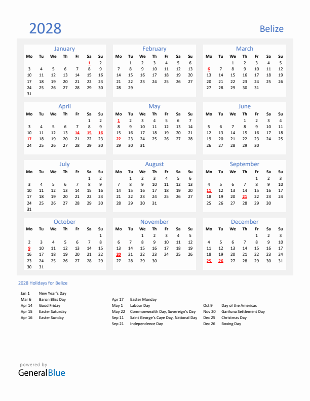 Basic Yearly Calendar with Holidays in Belize for 2028