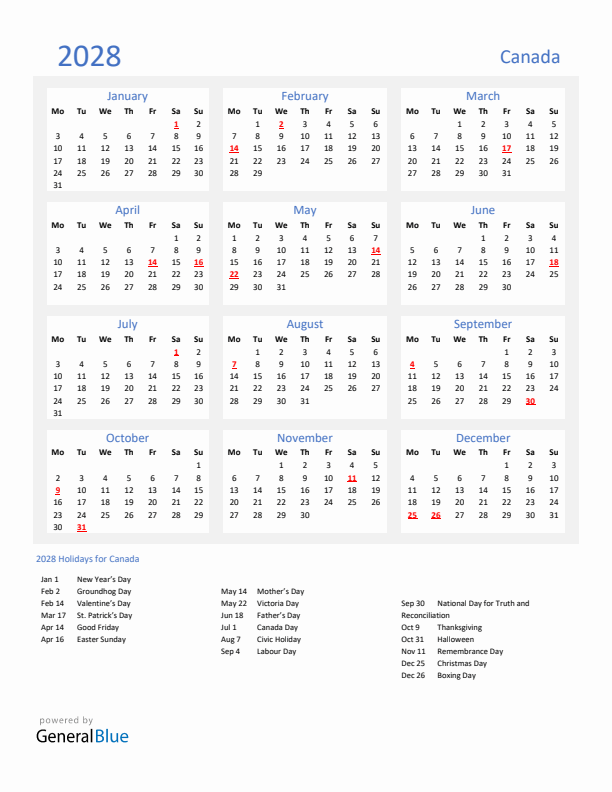Basic Yearly Calendar with Holidays in Canada for 2028