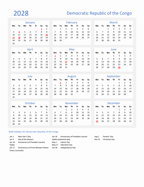 Basic Yearly Calendar with Holidays in Democratic Republic of the Congo for 2028 