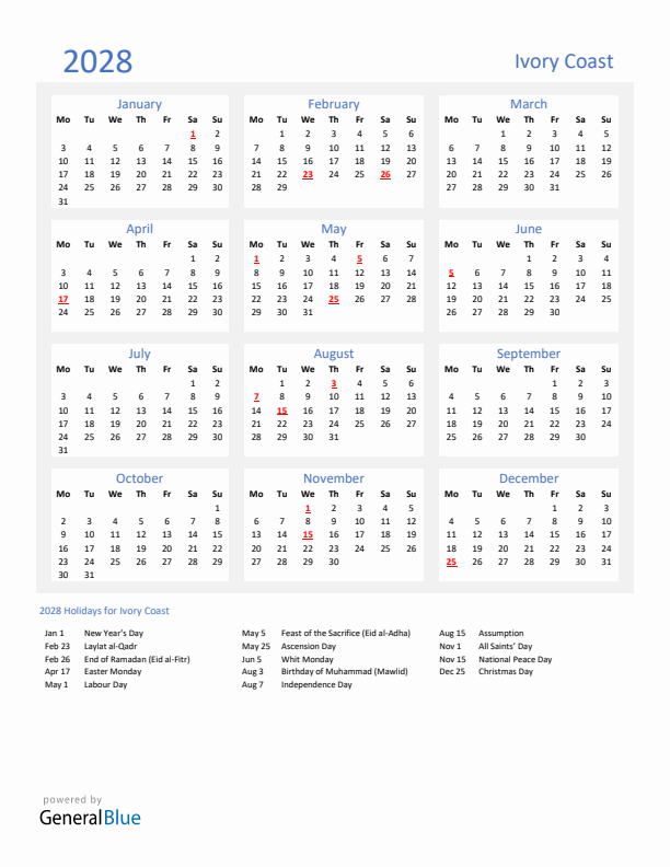 Basic Yearly Calendar with Holidays in Ivory Coast for 2028 