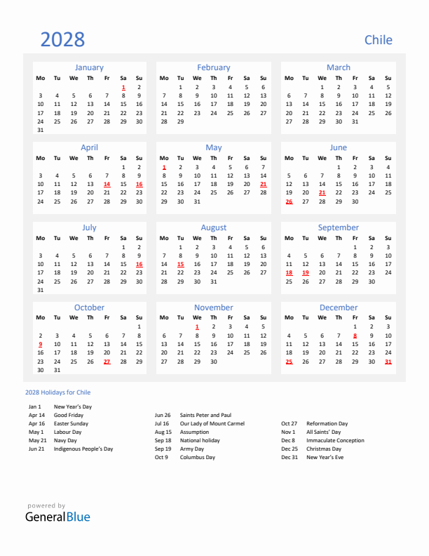 Basic Yearly Calendar with Holidays in Chile for 2028