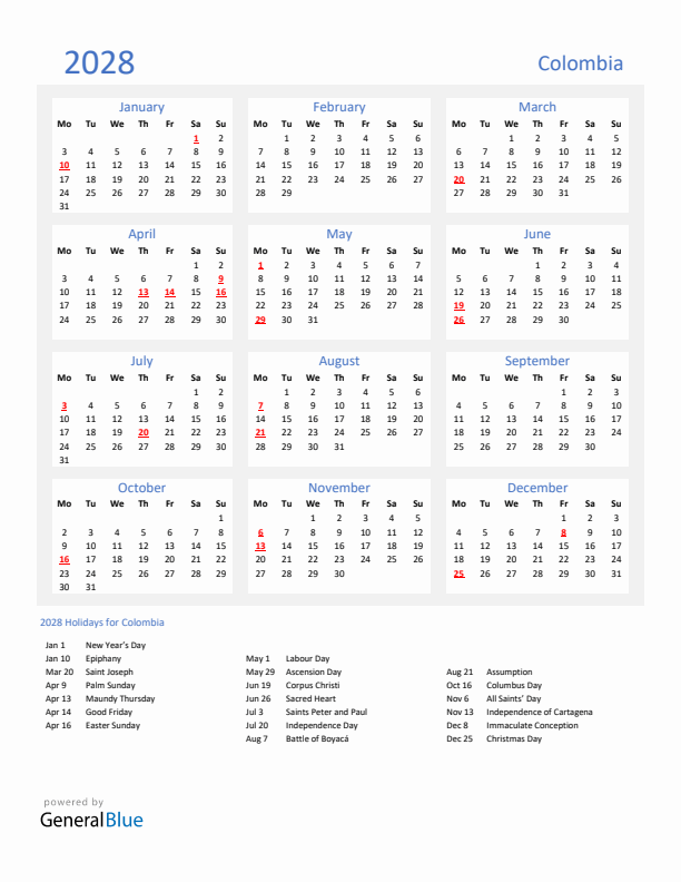 Basic Yearly Calendar with Holidays in Colombia for 2028