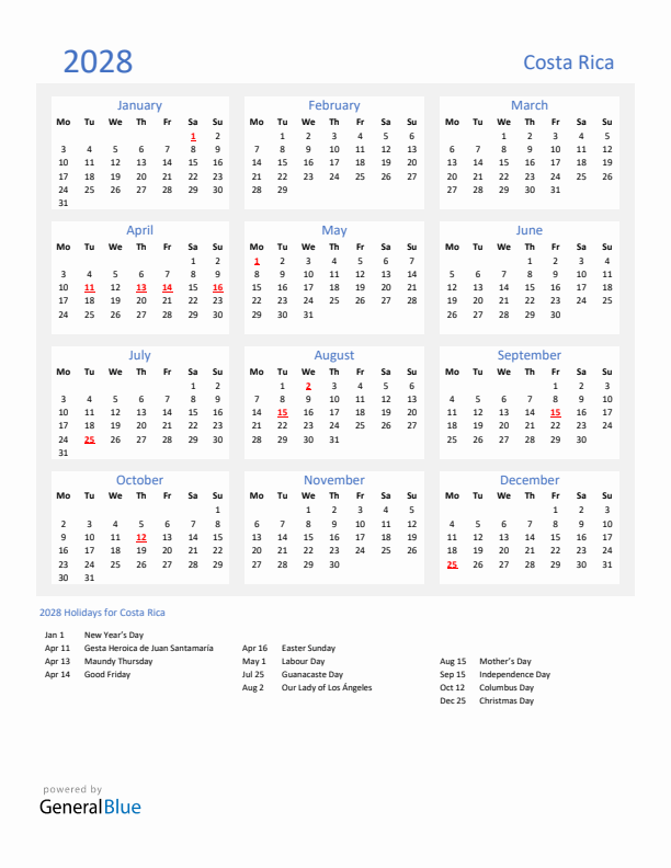 Basic Yearly Calendar with Holidays in Costa Rica for 2028