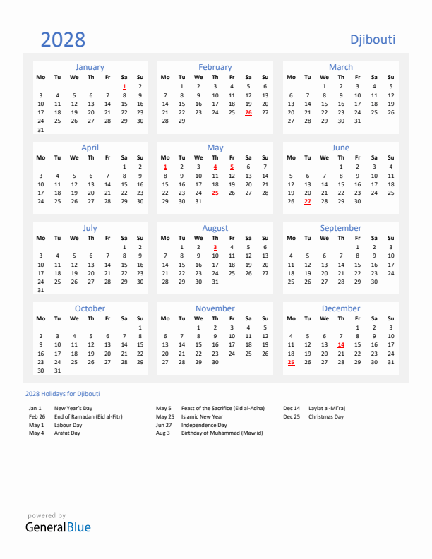 Basic Yearly Calendar with Holidays in Djibouti for 2028 