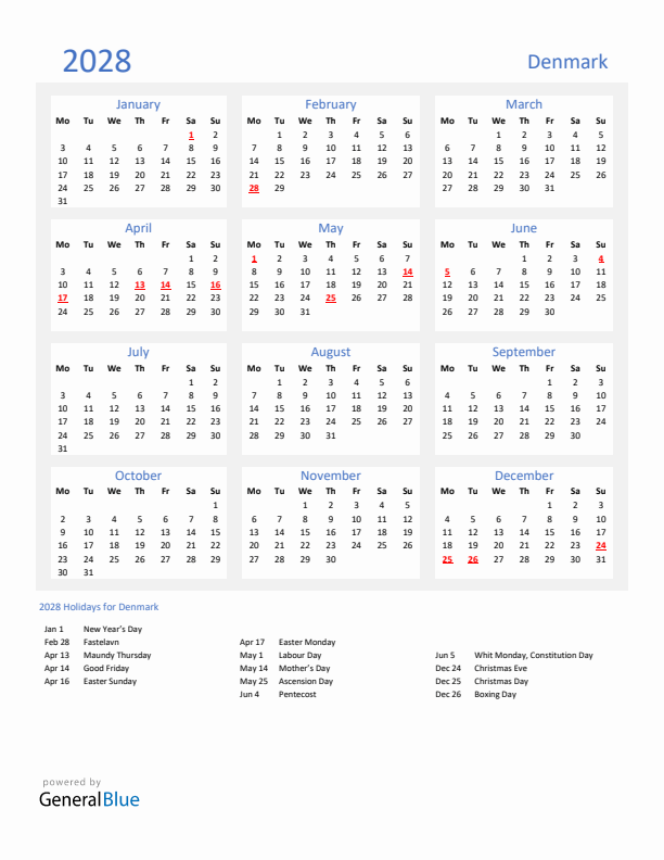Basic Yearly Calendar with Holidays in Denmark for 2028
