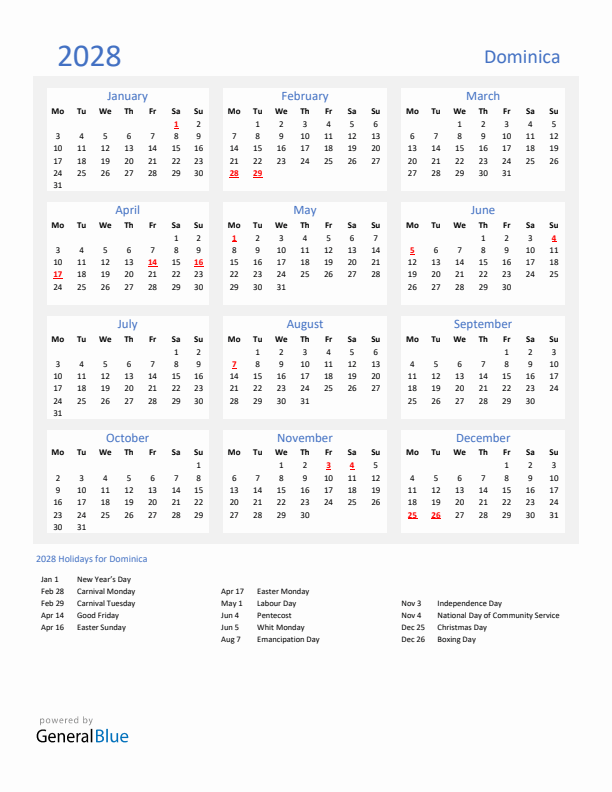 Basic Yearly Calendar with Holidays in Dominica for 2028