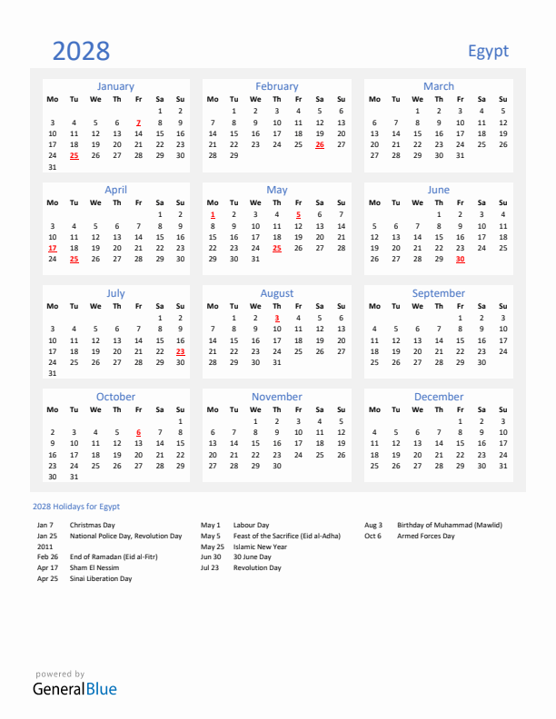 Basic Yearly Calendar with Holidays in Egypt for 2028 