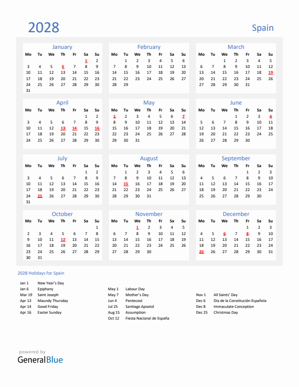 Basic Yearly Calendar with Holidays in Spain for 2028