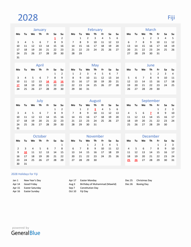 Basic Yearly Calendar with Holidays in Fiji for 2028 