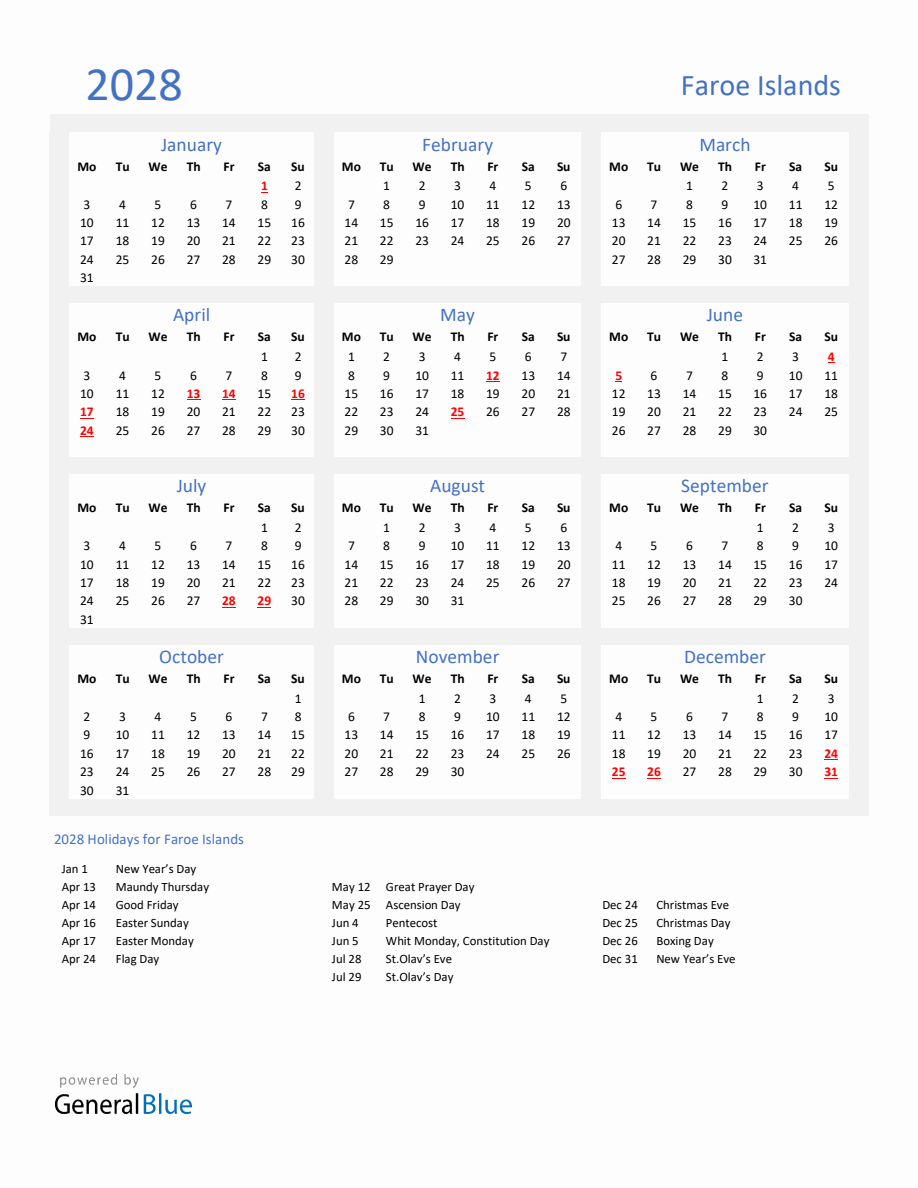 Basic Yearly Calendar with Holidays in Faroe Islands for 2028 - Monday ...