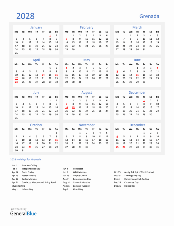 Basic Yearly Calendar with Holidays in Grenada for 2028