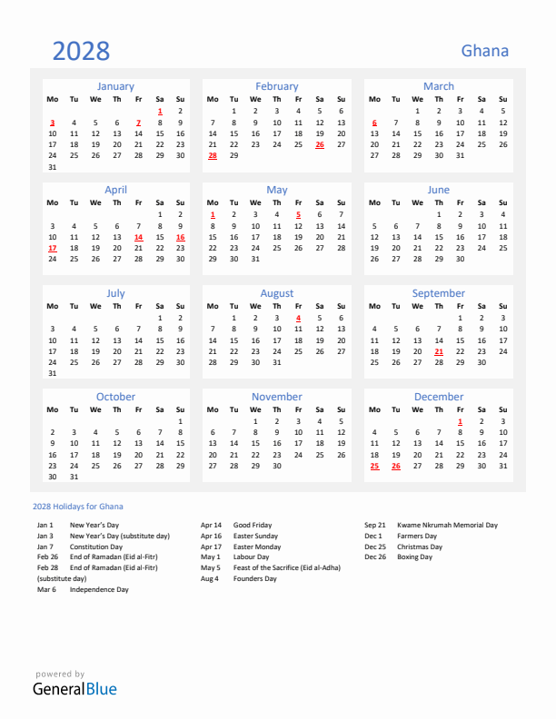 Basic Yearly Calendar with Holidays in Ghana for 2028 
