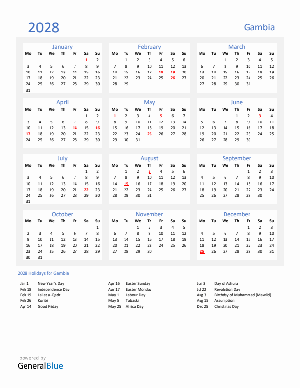 Basic Yearly Calendar with Holidays in Gambia for 2028 