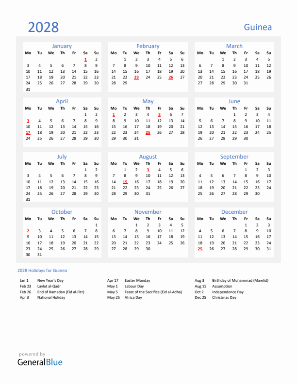 Basic Yearly Calendar with Holidays in Guinea for 2028