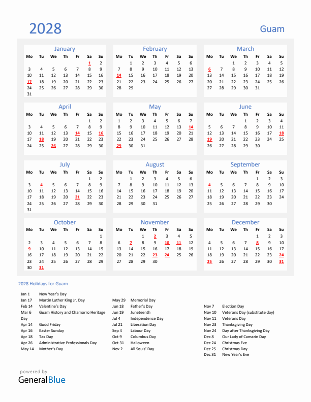 Basic Yearly Calendar with Holidays in Guam for 2028