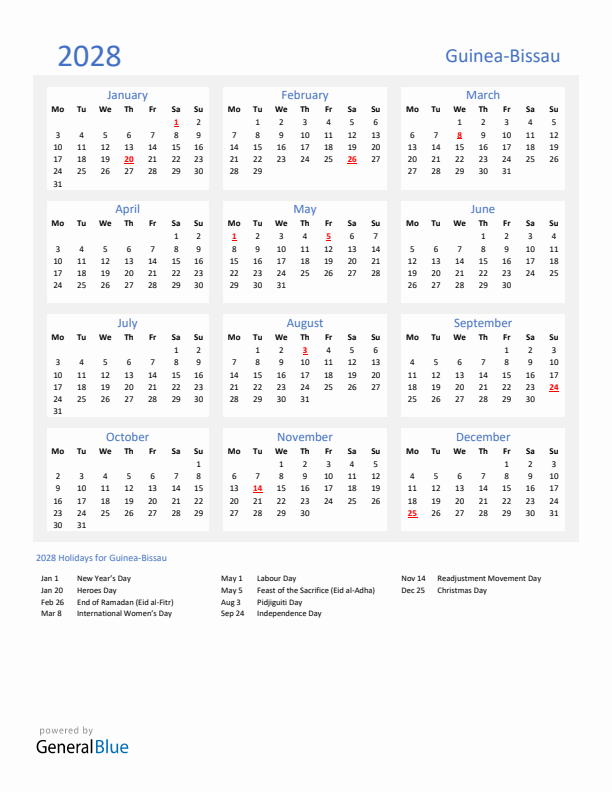 Basic Yearly Calendar with Holidays in Guinea-Bissau for 2028 