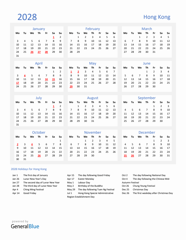 Basic Yearly Calendar with Holidays in Hong Kong for 2028 