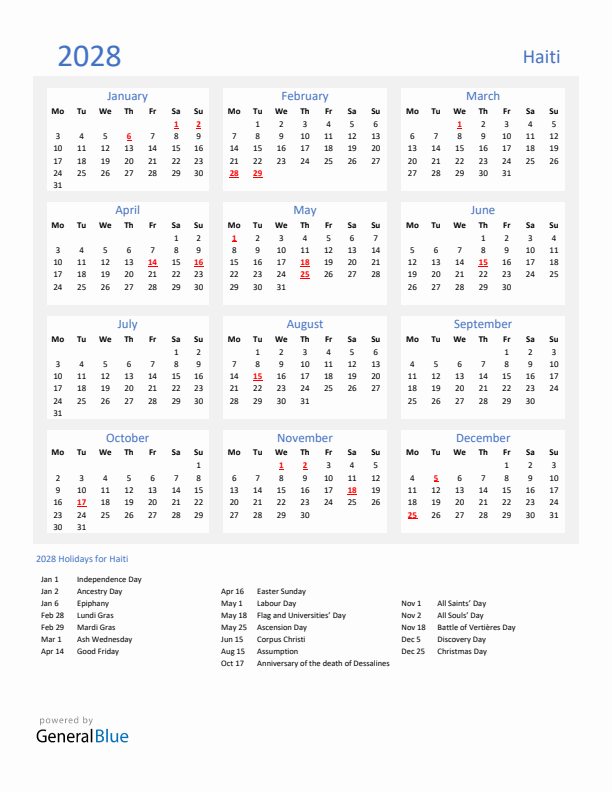 Basic Yearly Calendar with Holidays in Haiti for 2028