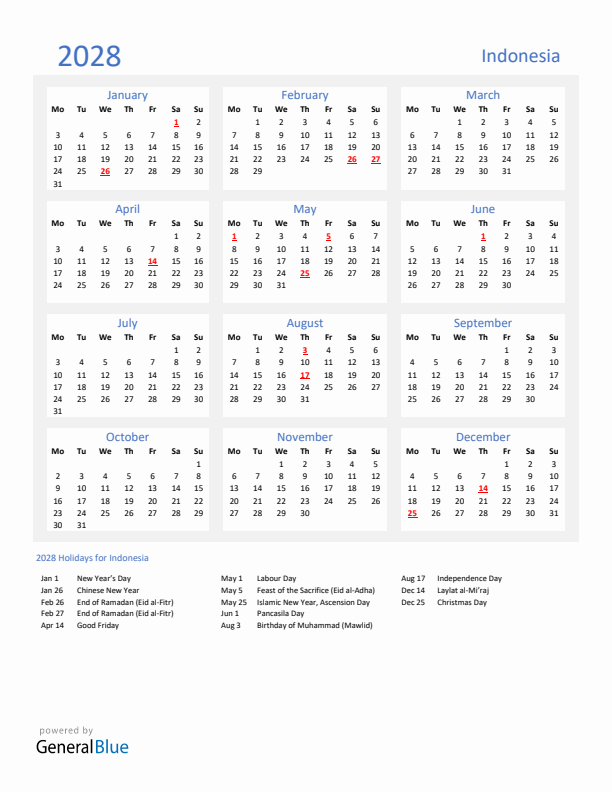 Basic Yearly Calendar with Holidays in Indonesia for 2028 