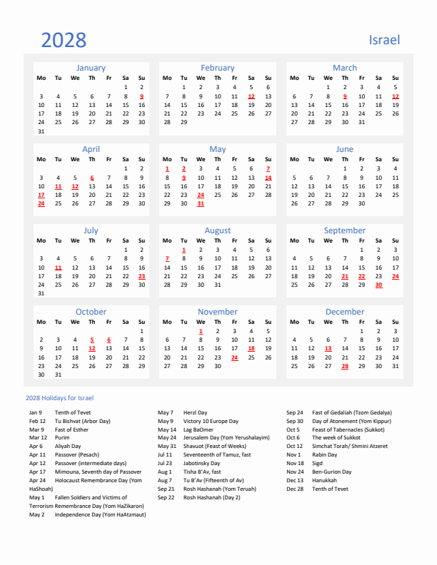 Basic Yearly Calendar with Holidays in Israel for 2028 