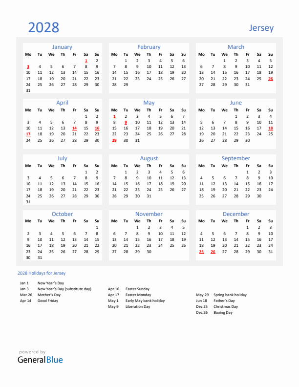 Basic Yearly Calendar with Holidays in Jersey for 2028