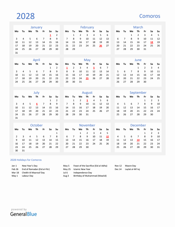 Basic Yearly Calendar with Holidays in Comoros for 2028 