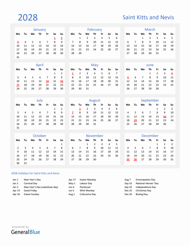 Basic Yearly Calendar with Holidays in Saint Kitts and Nevis for 2028 