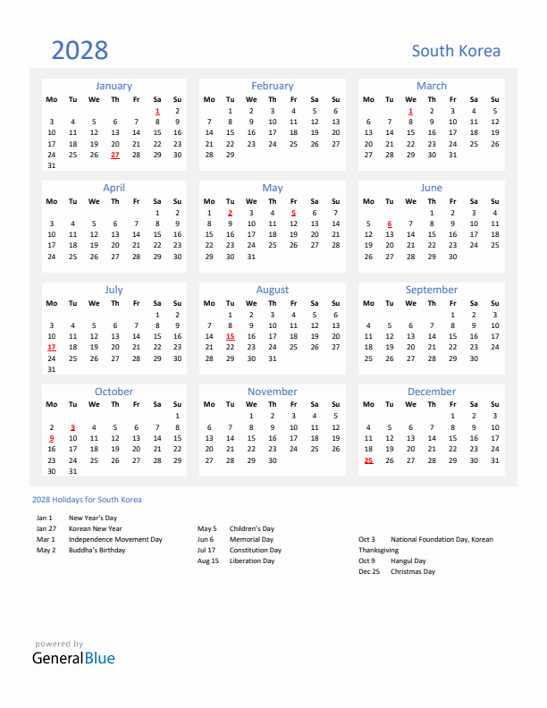 Basic Yearly Calendar with Holidays in South Korea for 2028