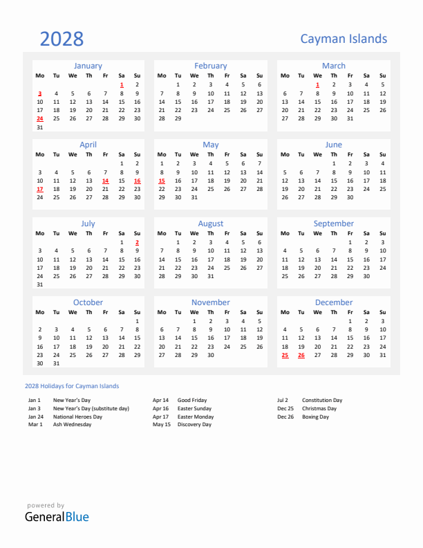 Basic Yearly Calendar with Holidays in Cayman Islands for 2028 