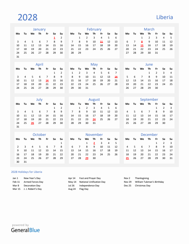 Basic Yearly Calendar with Holidays in Liberia for 2028 