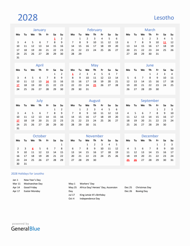 Basic Yearly Calendar with Holidays in Lesotho for 2028