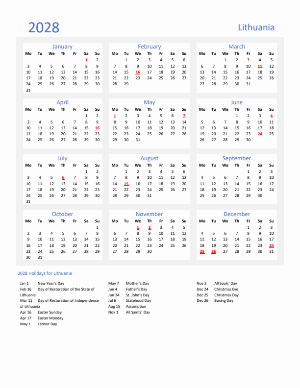 Basic Yearly Calendar with Holidays in Lithuania for 2028 