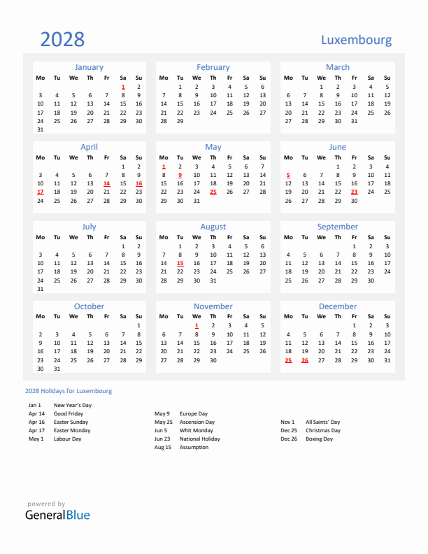 Basic Yearly Calendar with Holidays in Luxembourg for 2028