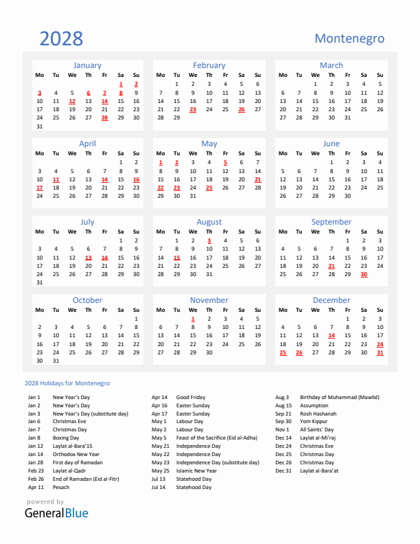 Basic Yearly Calendar with Holidays in Montenegro for 2028 