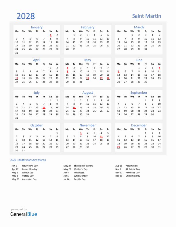 Basic Yearly Calendar with Holidays in Saint Martin for 2028 