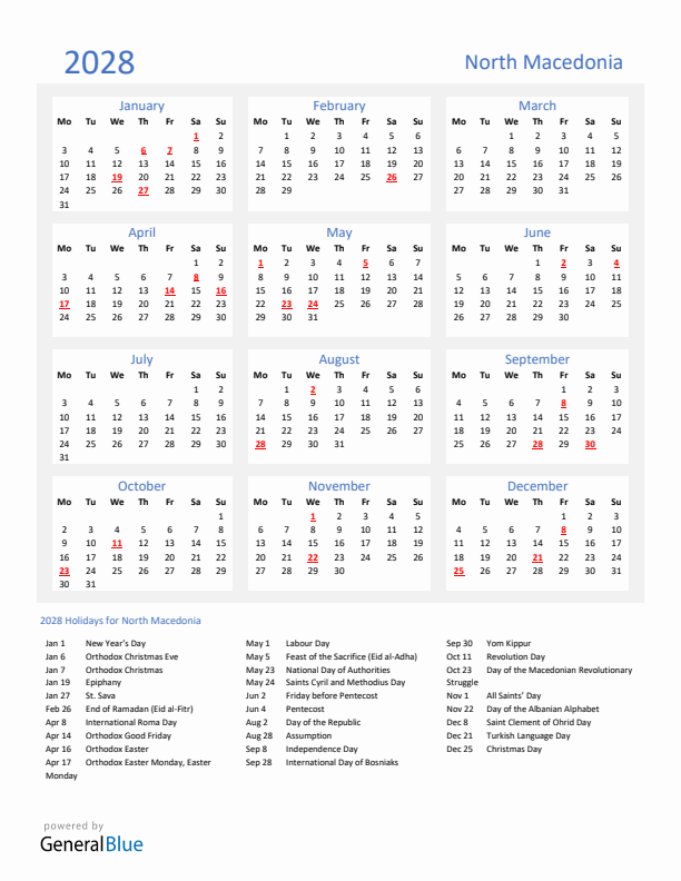 Basic Yearly Calendar with Holidays in North Macedonia for 2028 