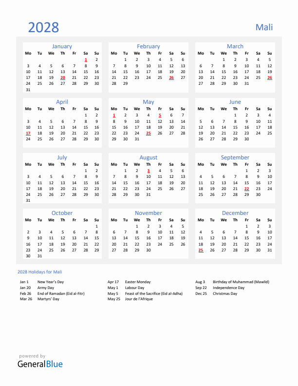 Basic Yearly Calendar with Holidays in Mali for 2028 