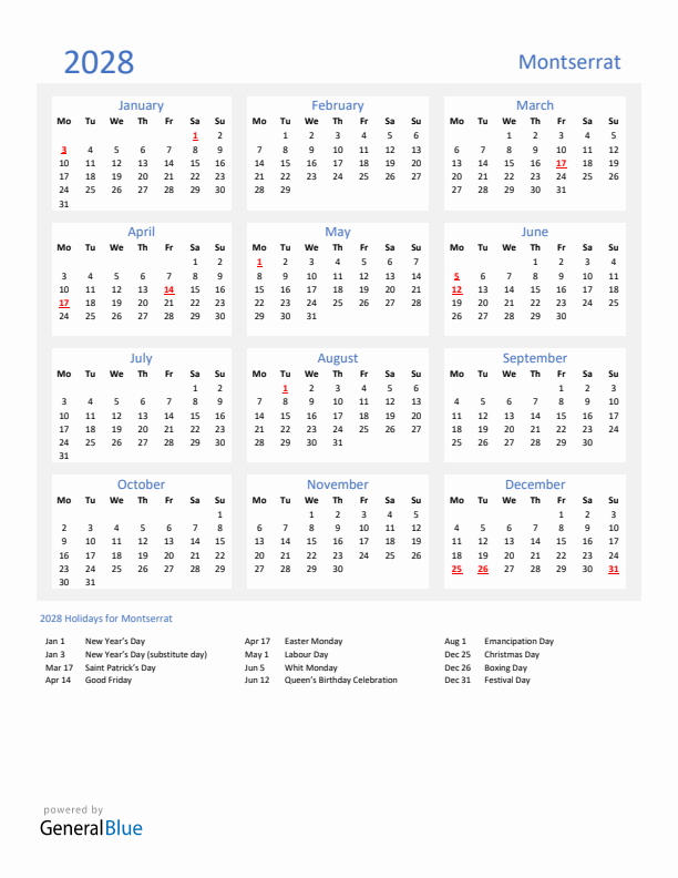Basic Yearly Calendar with Holidays in Montserrat for 2028 