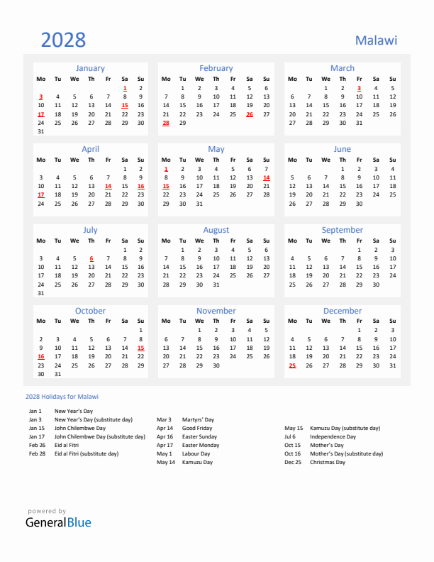 Basic Yearly Calendar with Holidays in Malawi for 2028