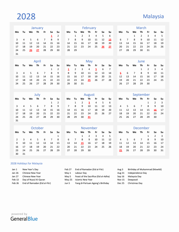 Basic Yearly Calendar with Holidays in Malaysia for 2028 