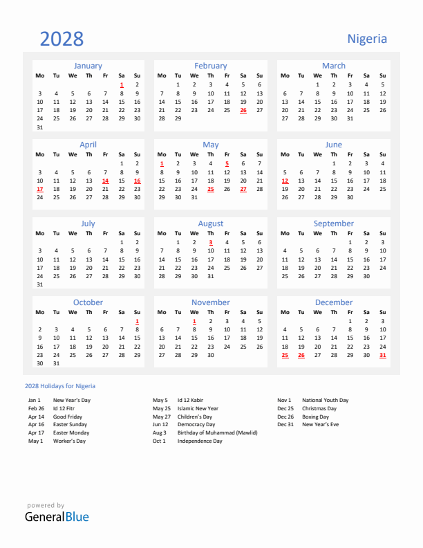Basic Yearly Calendar with Holidays in Nigeria for 2028 