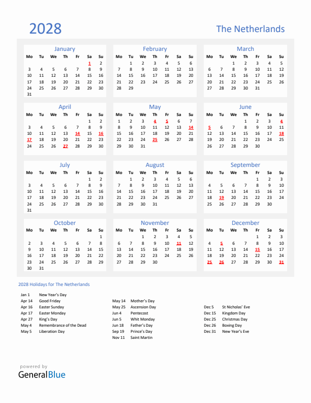 Basic Yearly Calendar with Holidays in The Netherlands for 2028