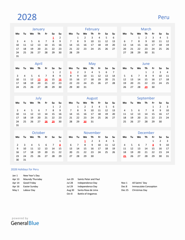 Basic Yearly Calendar with Holidays in Peru for 2028