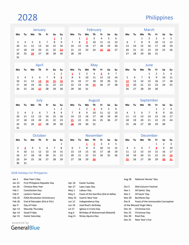 Basic Yearly Calendar with Holidays in Philippines for 2028