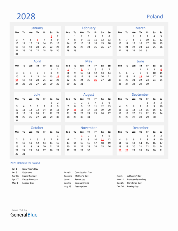 Basic Yearly Calendar with Holidays in Poland for 2028