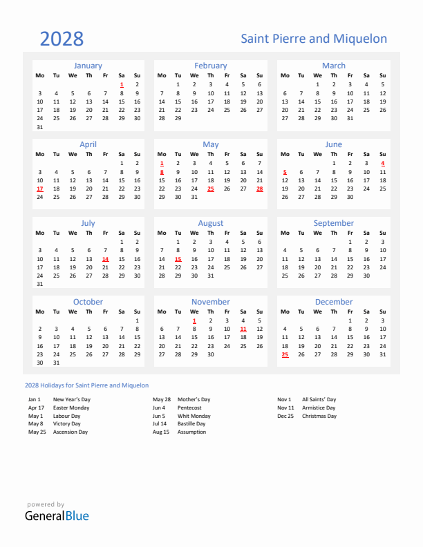 Basic Yearly Calendar with Holidays in Saint Pierre and Miquelon for 2028 