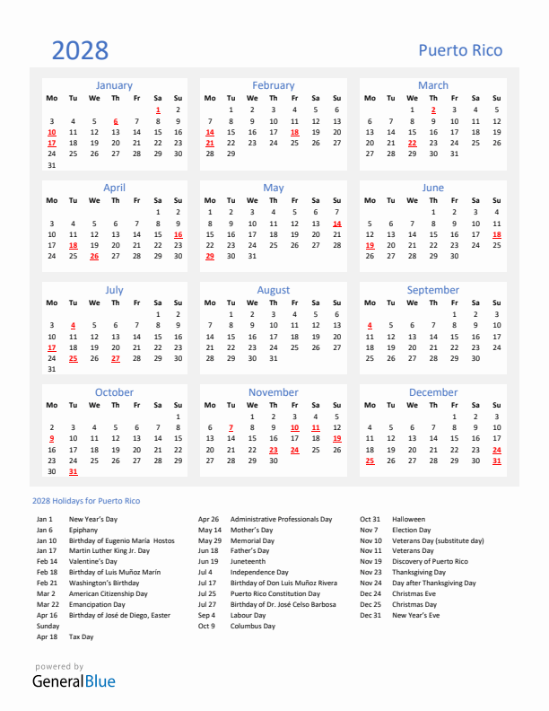 Basic Yearly Calendar with Holidays in Puerto Rico for 2028 